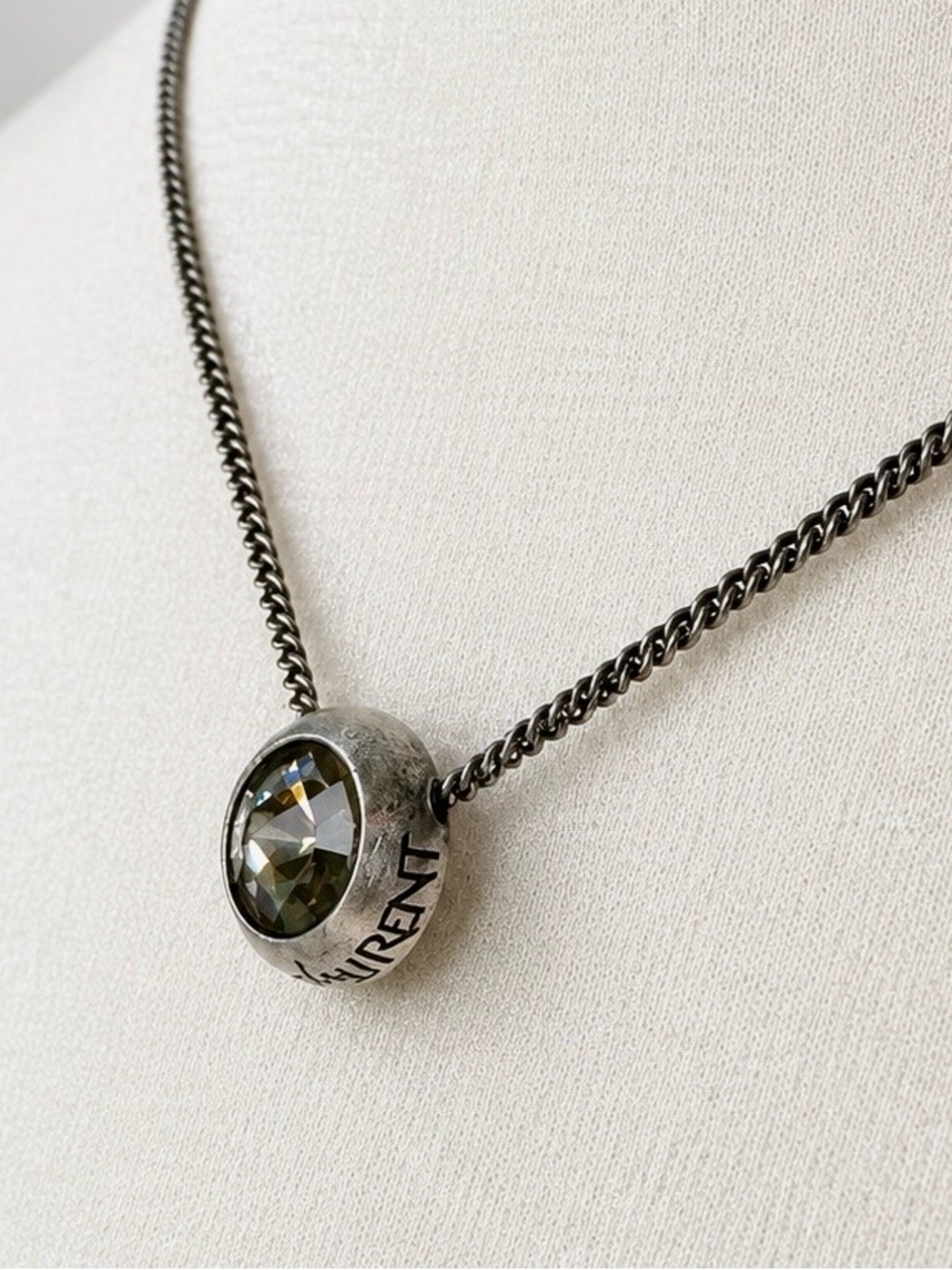Vintage NWT YSL Yves Saint Laurent Smoked Crystal Pendant Necklace Engraved
